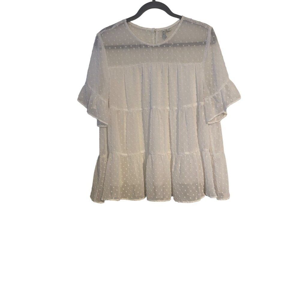 Est. 1946 Women Flowy Top White Sheer Tiered Swiss Dot Ruffle Sleeves Baby Doll